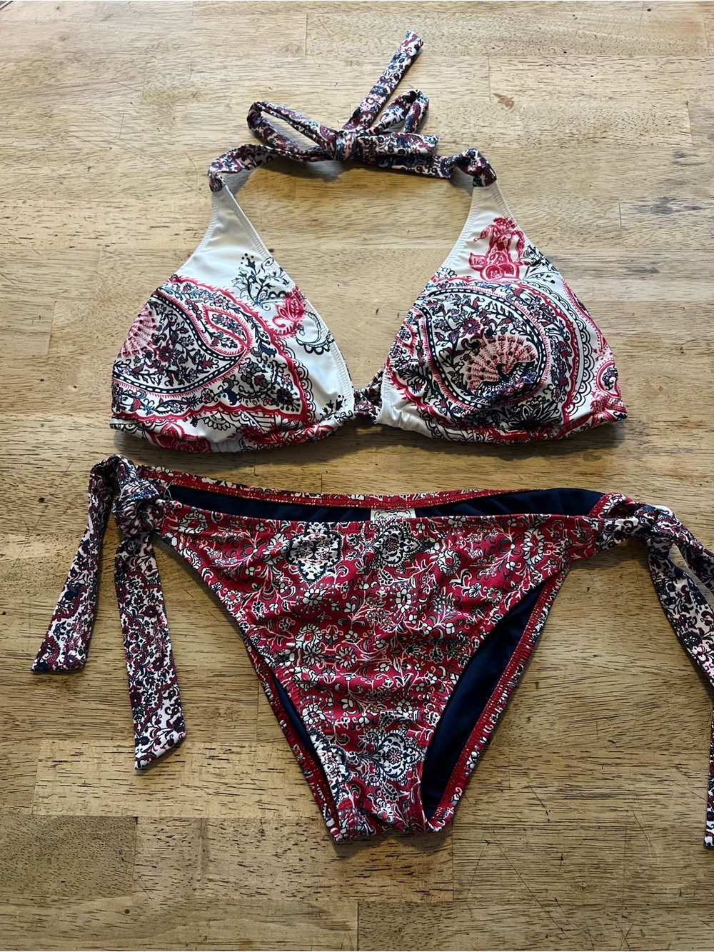 Lucky Brand Red White & Blue Floral Bikini Set Size M Bottoms Top L-XL